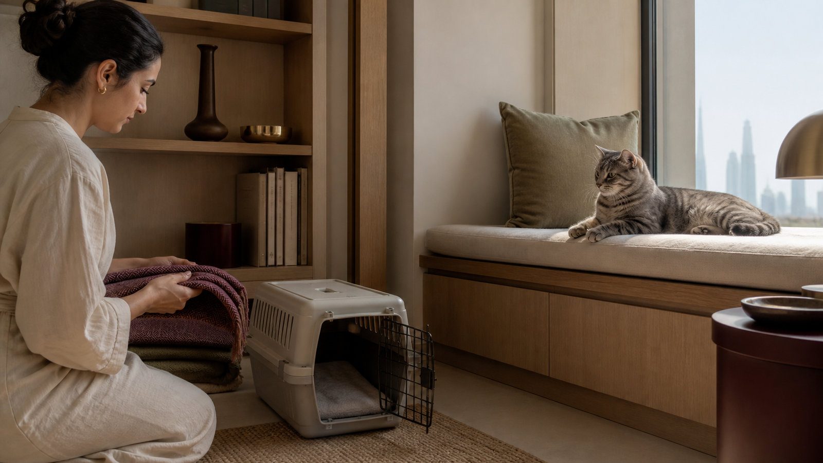 A grey tabby rests on a wide window perch in a quiet apartment while a resident folds a blanket beside an open hard-shell cat carrier
