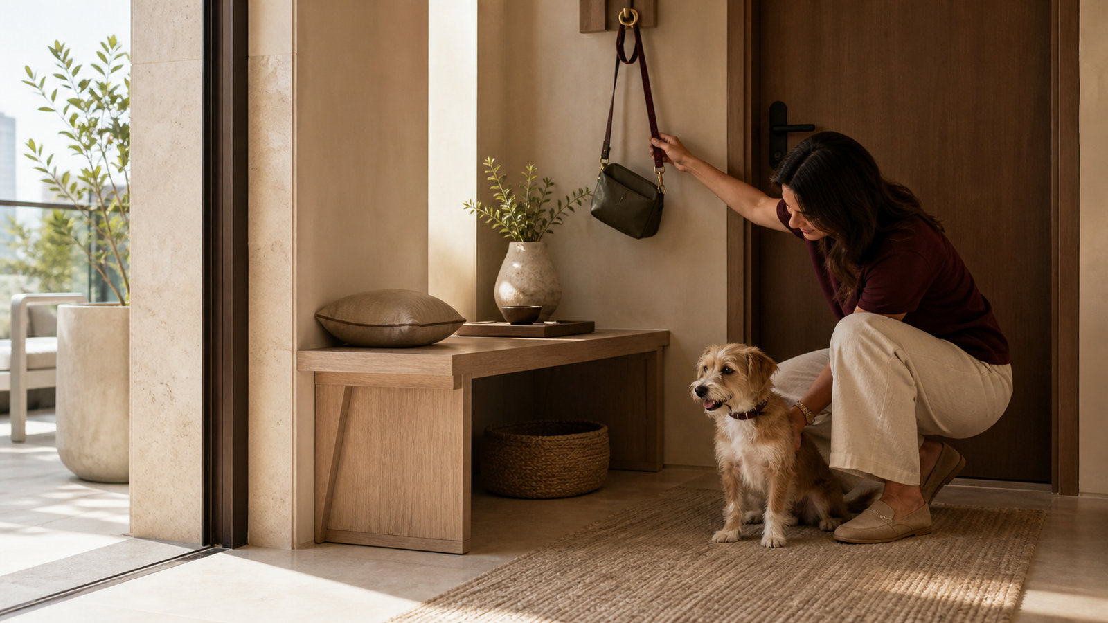 A resident reaches for a lead at a calm apartment entry while a small tan-and-white terrier sits beside a pale-oak bench