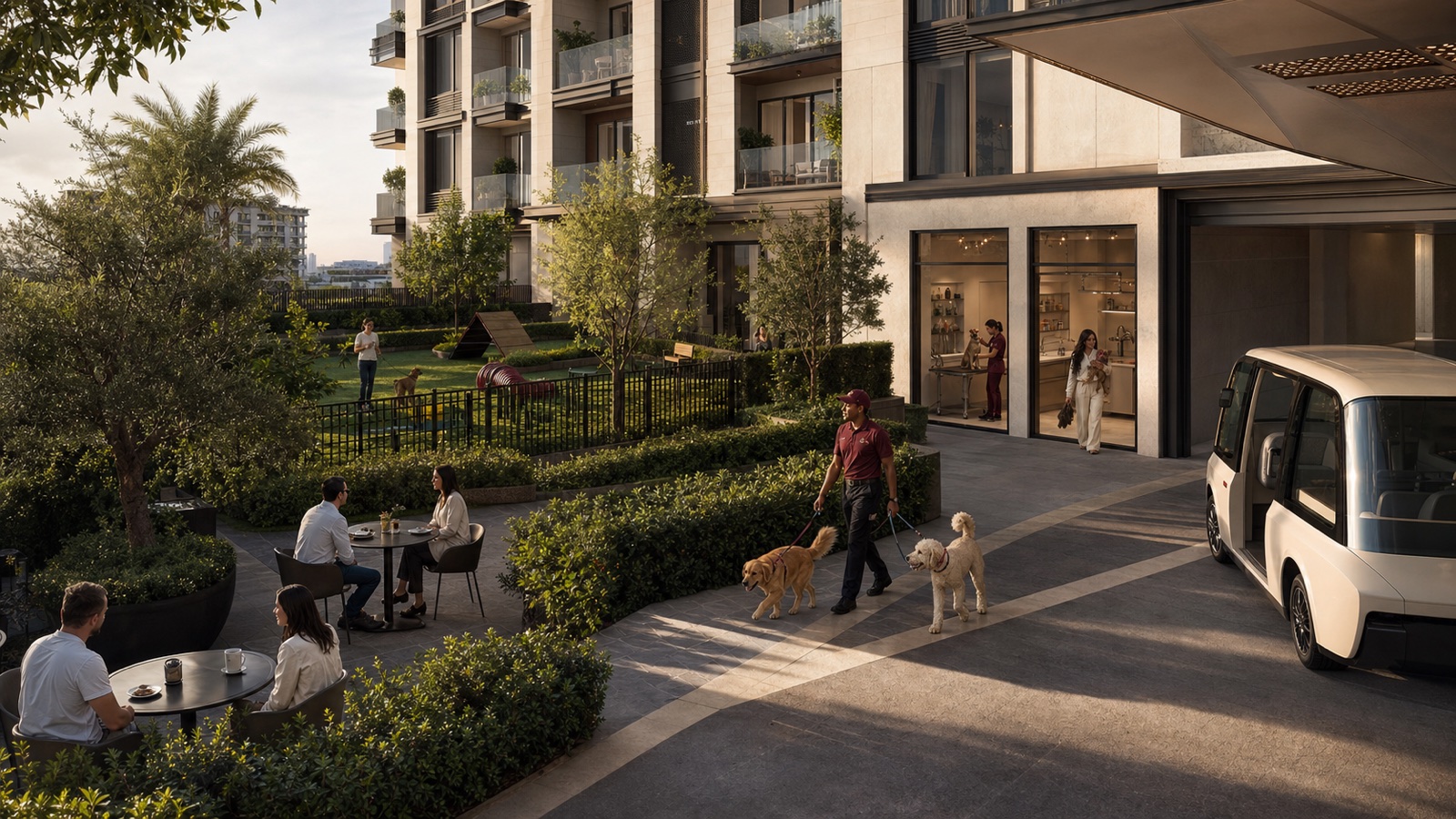 A managed pet-first residential ecosystem with a dog park, care services, dog walking and transport