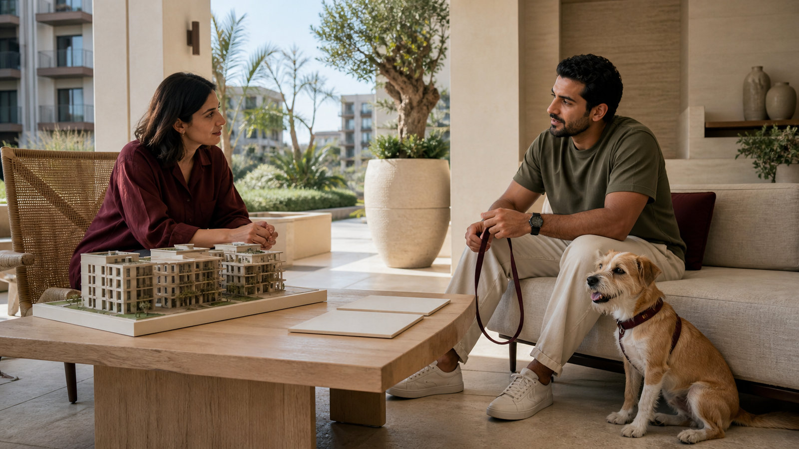 A resident with a small tan-and-white dog on a lead discusses an unlabelled apartment model with a designer at a shaded outdoor table