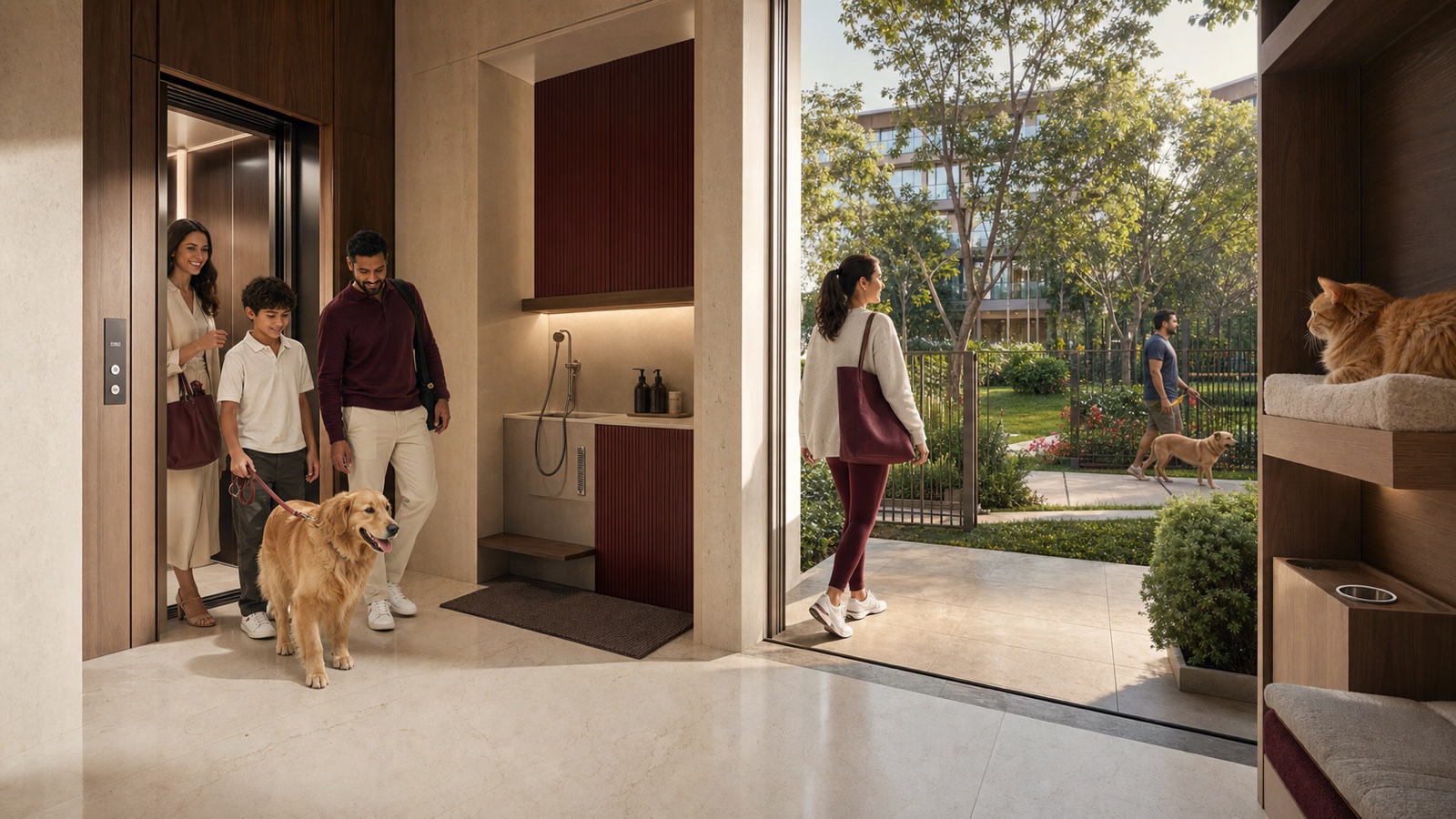 A family and dog arriving through an integrated pet-first residential threshold while a cat rests nearby