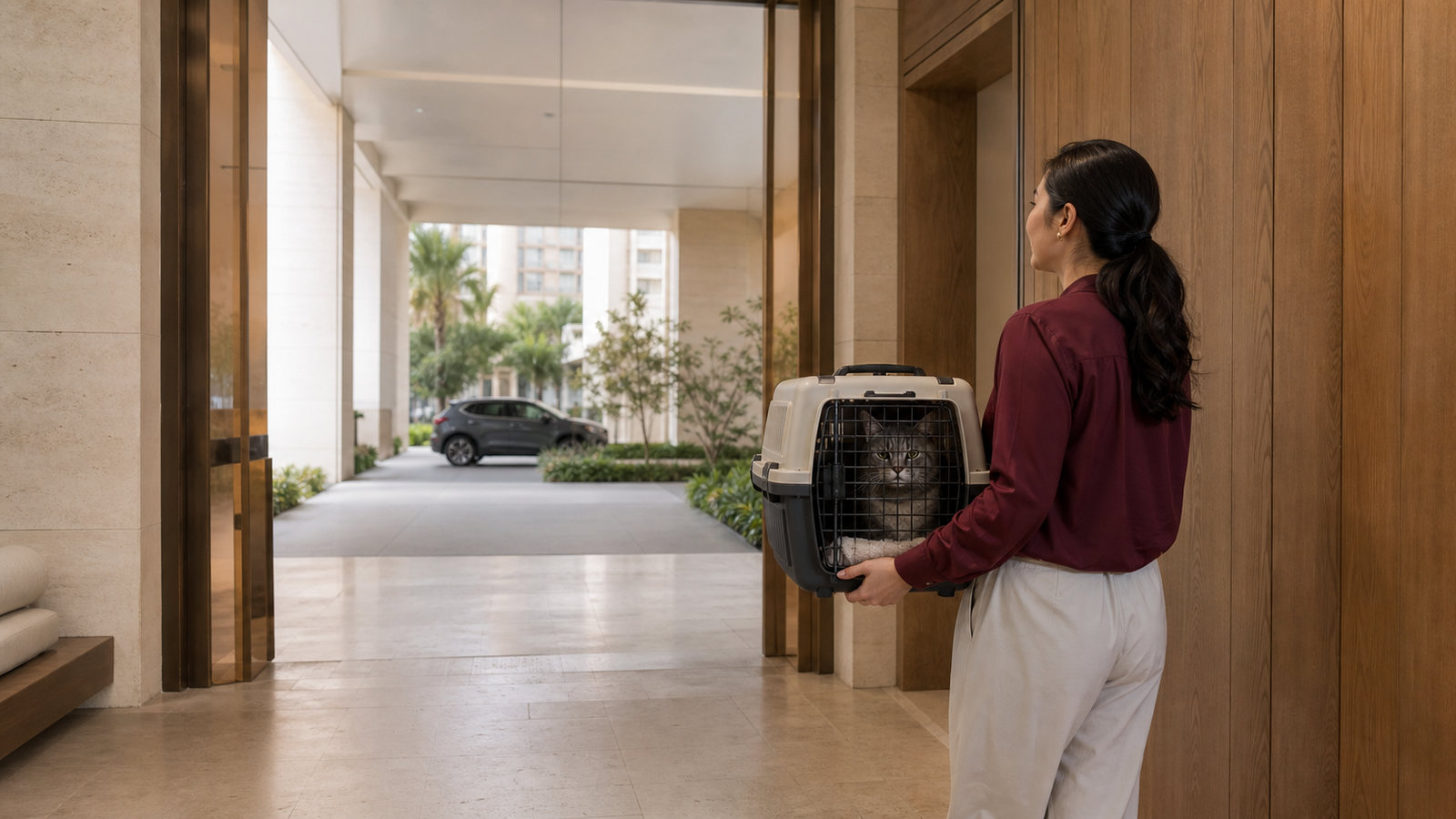 A resident carries a ventilated cat carrier containing a grey tabby through a quiet limestone apartment vestibule toward a shaded vehicle drop-off