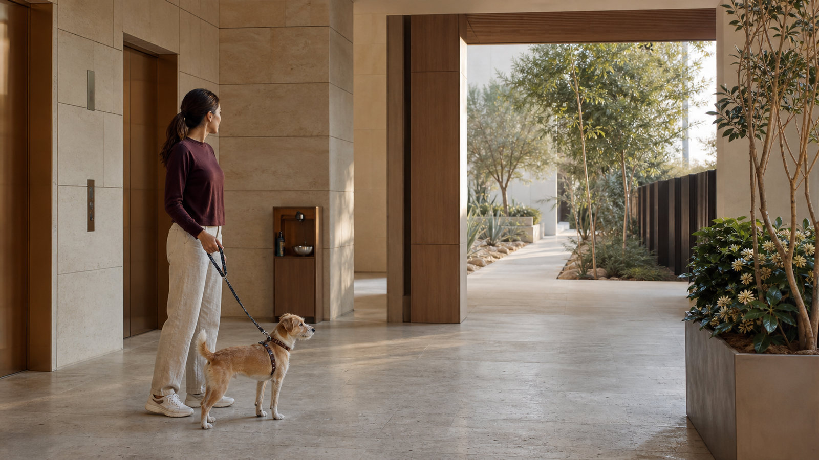 A resident with a small tan-and-white dog pauses in a spacious limestone lift lobby beside a clear shaded walkway at a Dubai residence