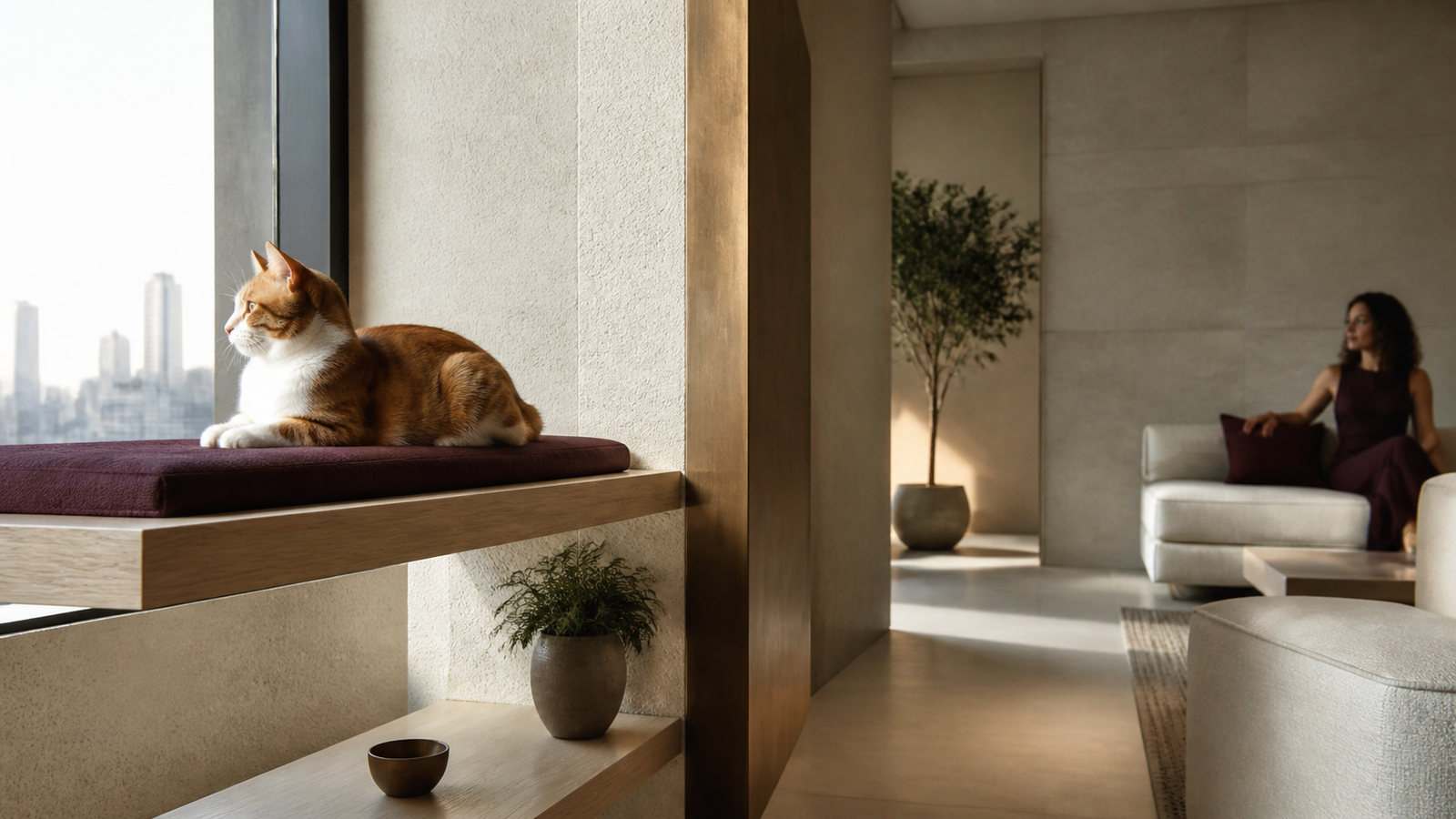 A ginger-and-white cat rests on a raised pale-oak shelf in a quiet apartment territory while a resident holds an unmarked condition notebook