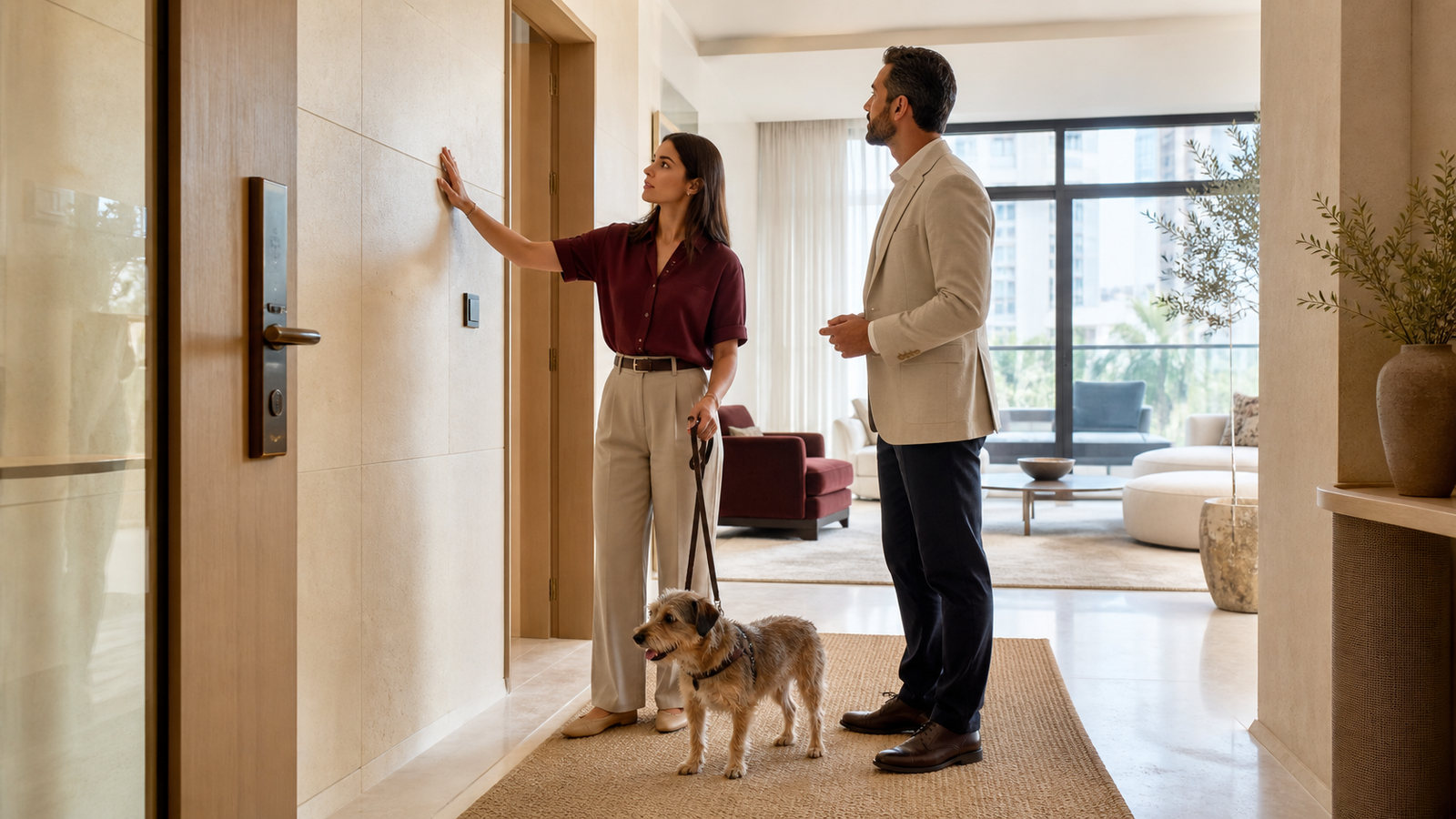 A resident and property representative inspect an apartment entry wall while a small terrier waits calmly on a loose leash