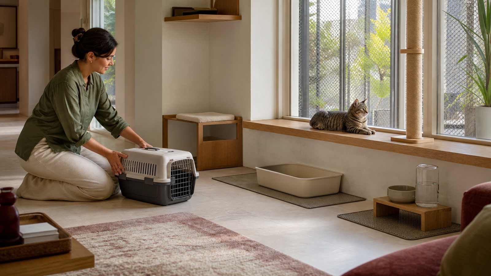 An adult tabby cat rests on a secure window perch while a resident places a carrier on the floor in a calm Dubai apartment with separated daily resources