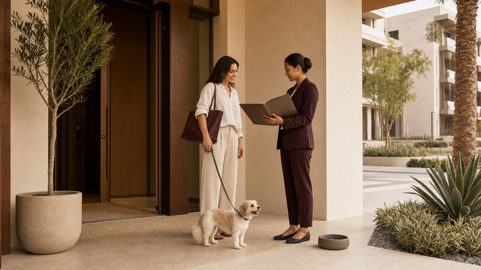 A resident with a relaxed small dog reviews a blank welcome folder with a building host at a shaded contemporary Dubai apartment entrance