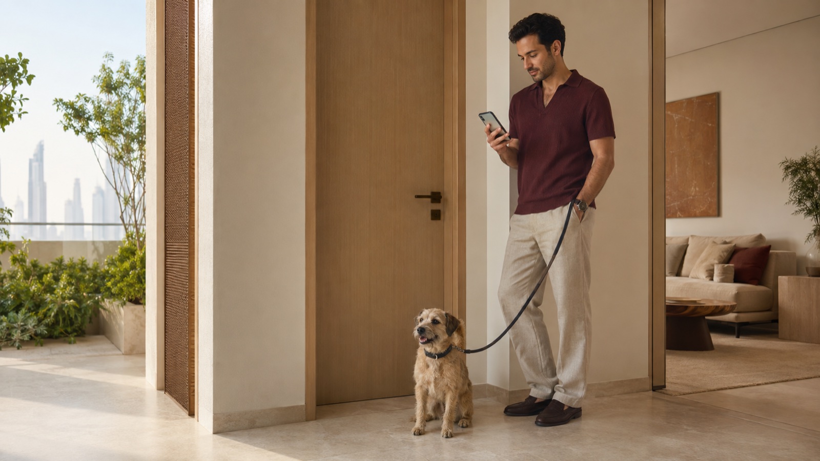 A resident checks an unmarked phone beside a small terrier in a calm Dubai apartment entry with a closed interior boundary behind them