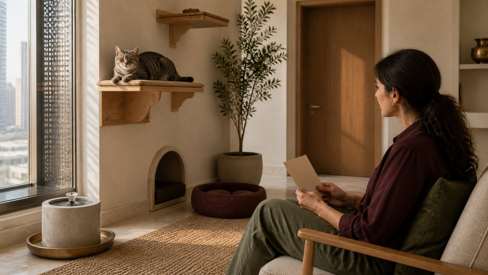 A grey tabby rests on a high timber perch while a carer reads an unmarked care note at a respectful distance in a calm Dubai apartment room