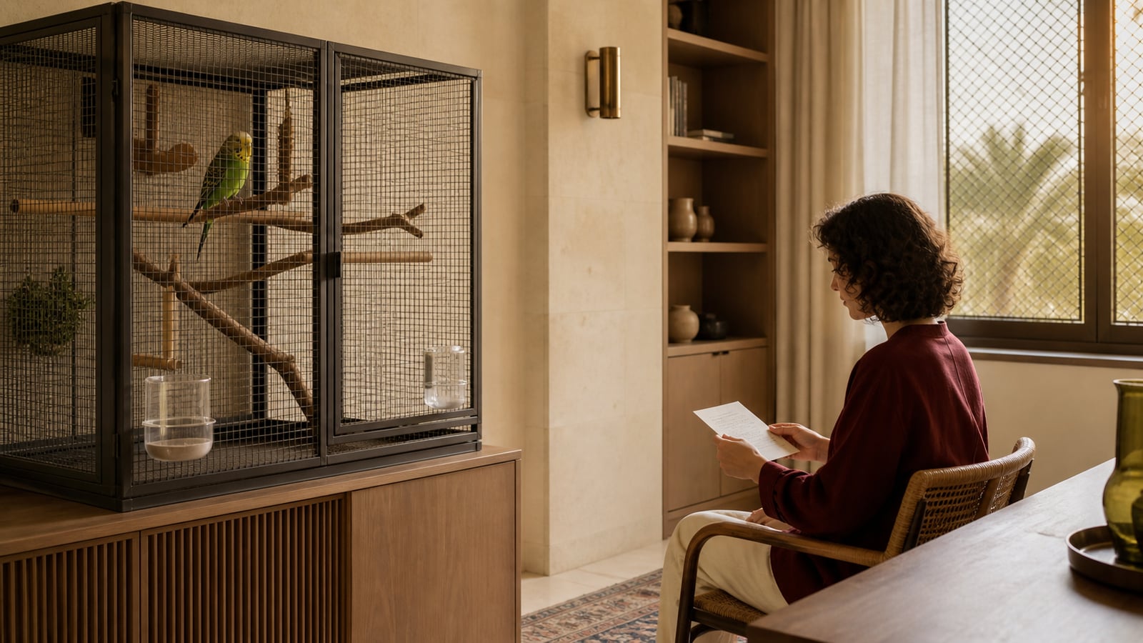 A green-and-gold budgerigar rests inside a secure enclosure while a carer reads an unmarked care note at a respectful distance in a quiet apartment study