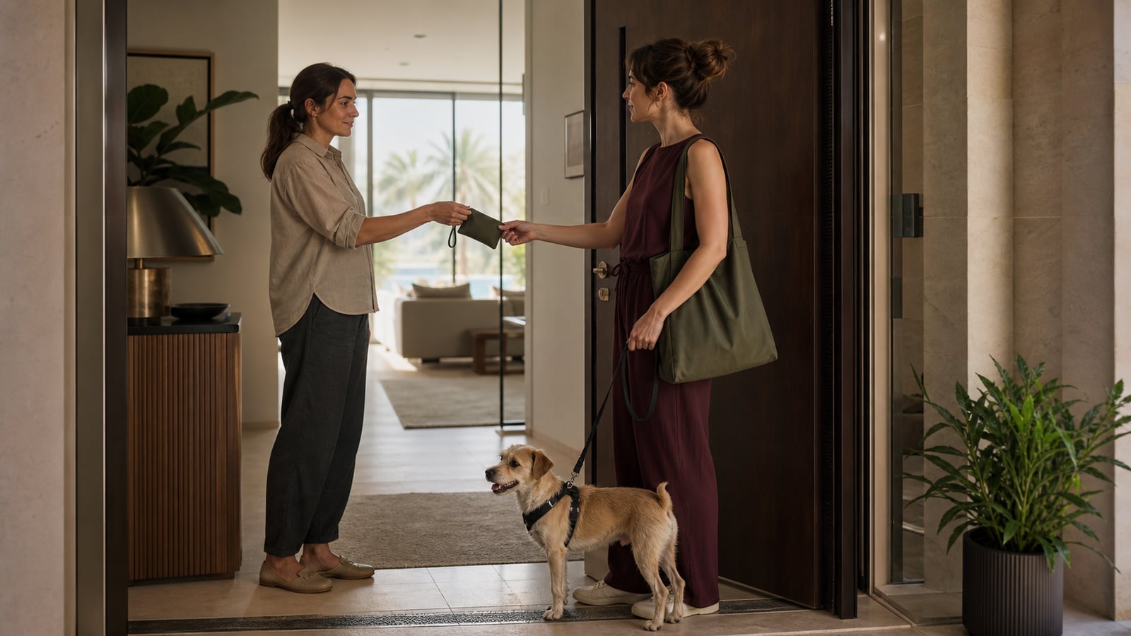 A resident hands a plain key pouch to a familiar carer at a Dubai apartment threshold while a small tan-and-white dog waits calmly on a short lead