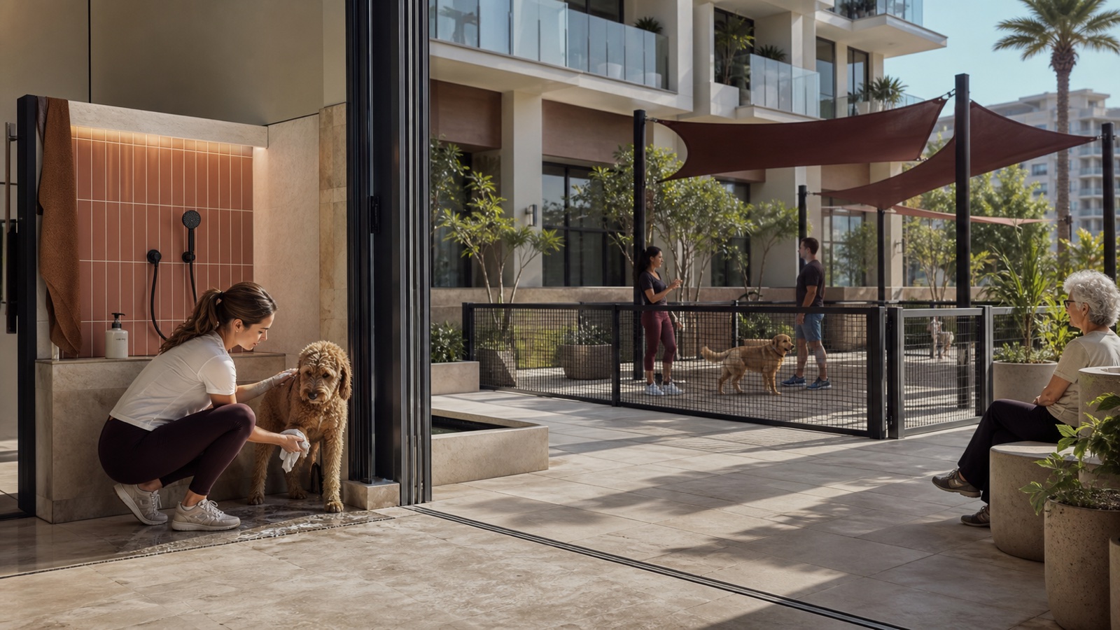 A resident washing a dog beside a shaded run and communal seating in a pet-first courtyard