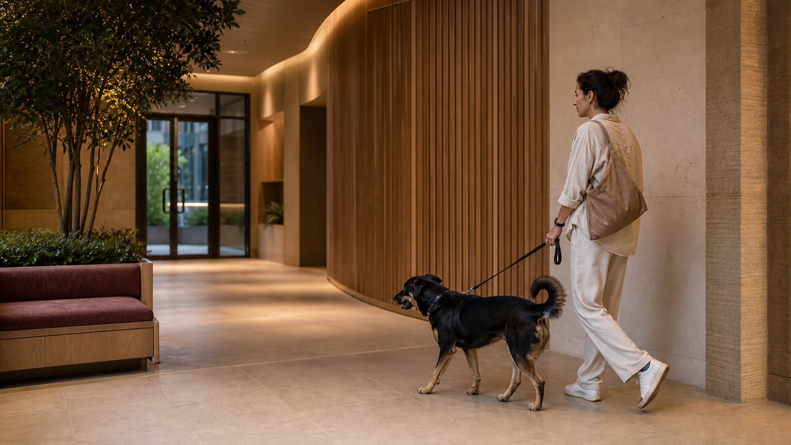 A resident guides a relaxed medium-sized dog through a calm timber-buffered arrival threshold toward a quieter residential corridor
