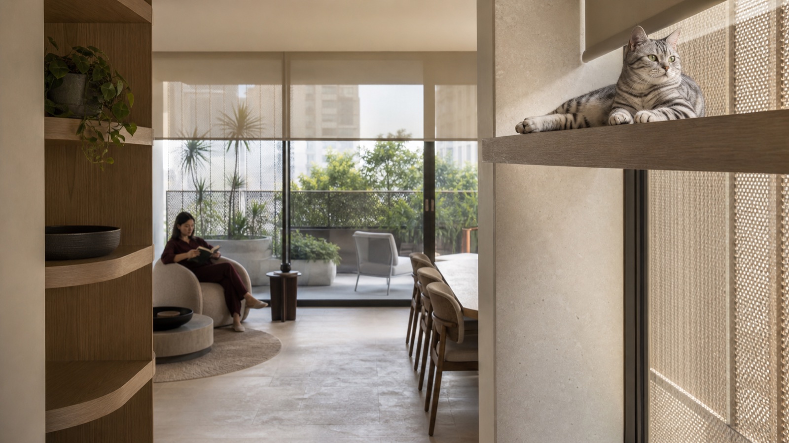 A silver-tabby cat rests on an elevated timber-and-limestone perch above the circulation path of a calm Dubai apartment