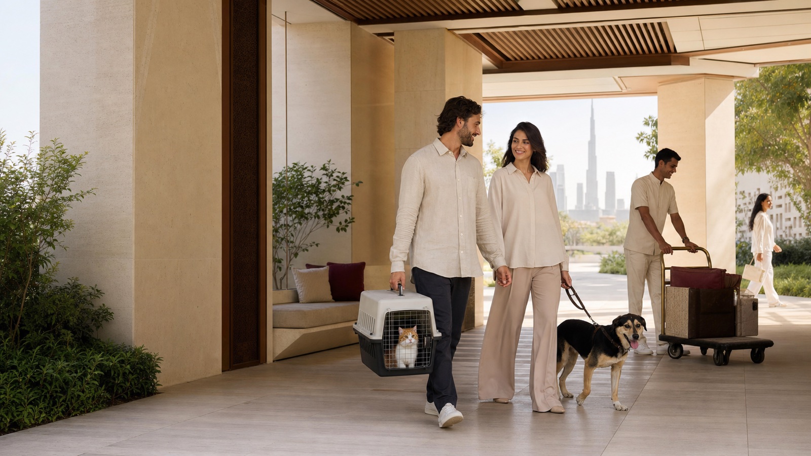A couple arriving with a dog on lead and a cat in a secure carrier at a shaded contemporary Dubai residence
