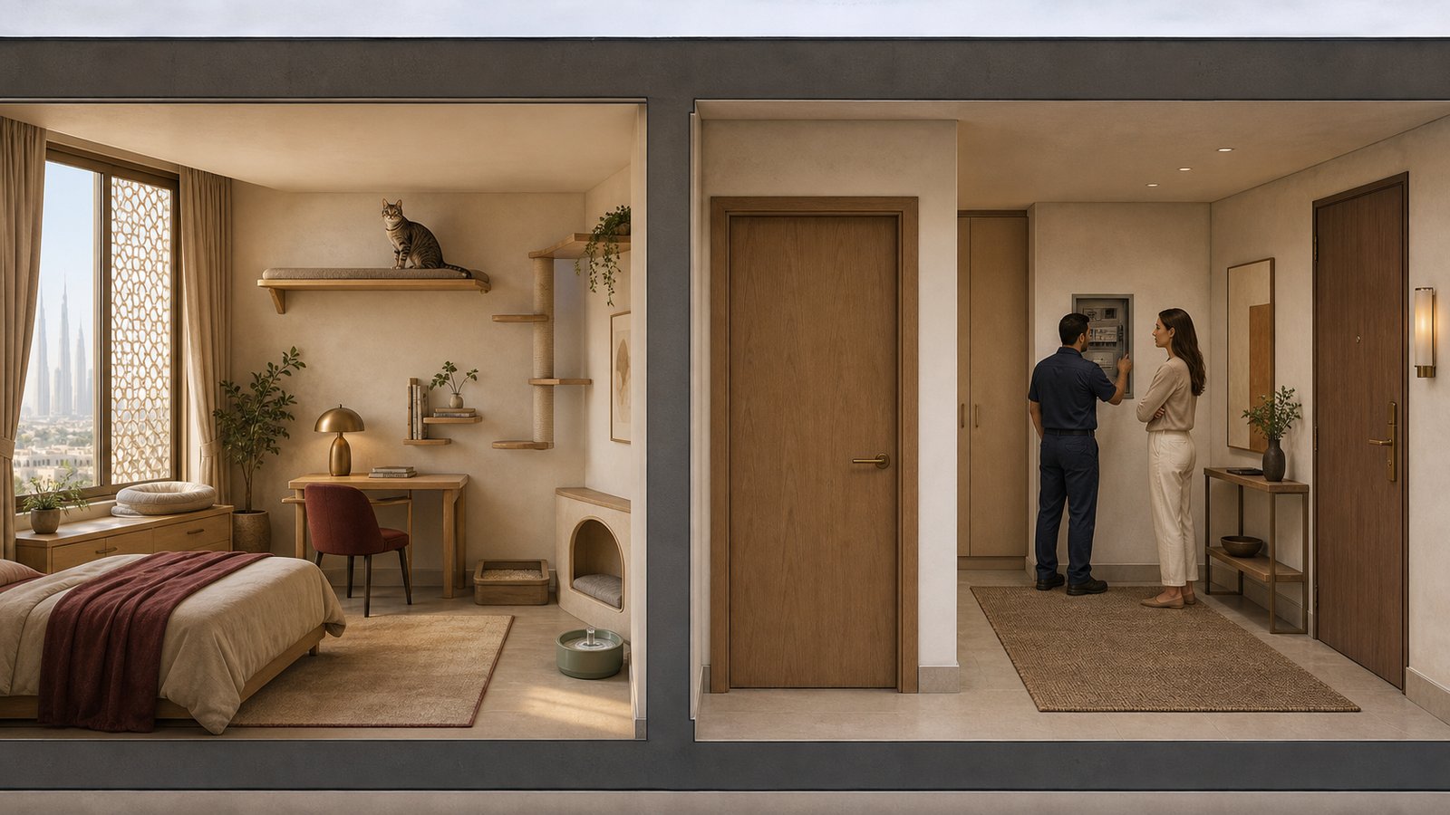 A stylized apartment cutaway shows an adult cat using an elevated quiet refuge behind a closed interior boundary while a resident meets a maintenance worker in a separate entry-side work area