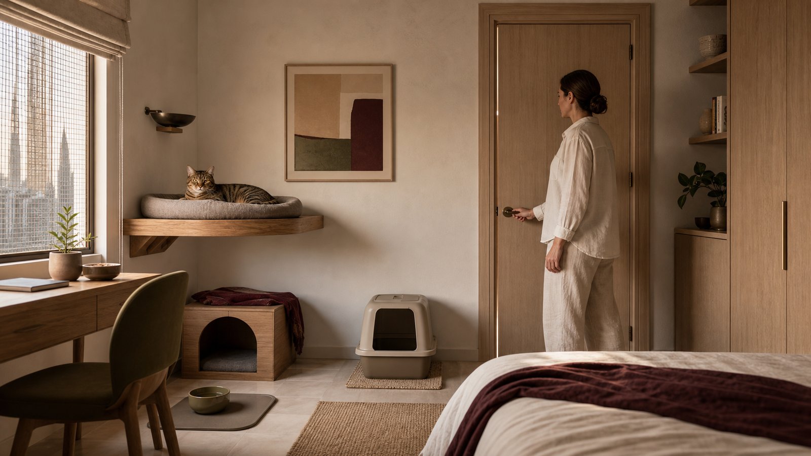 An adult tabby cat rests on a secure wall perch in a quiet room while a resident checks the closed door that separates it from a maintenance visit