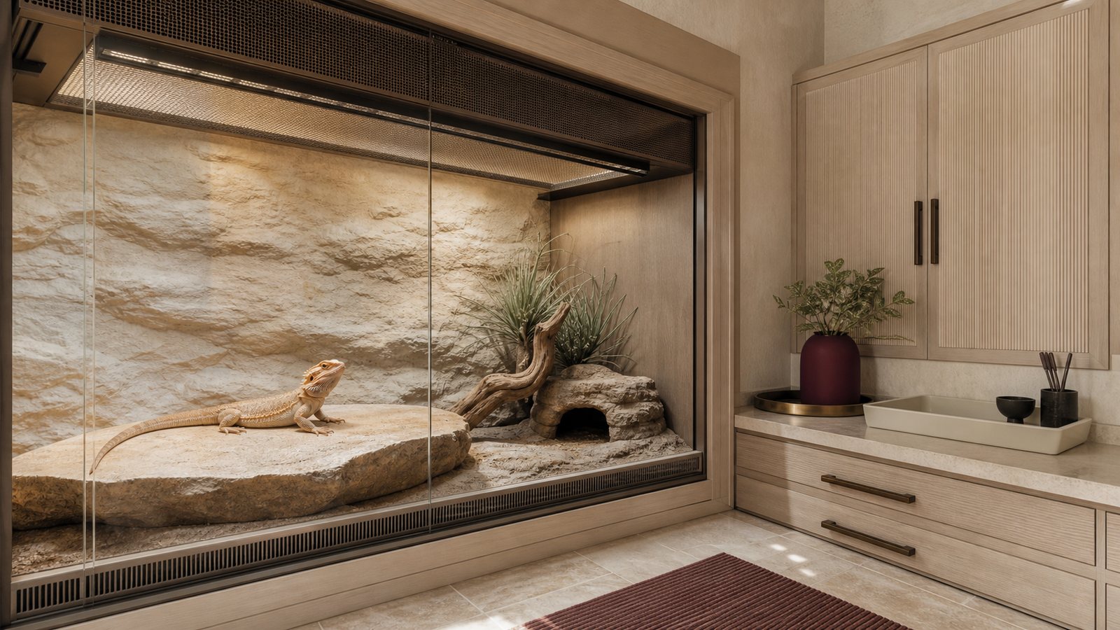 A bearded dragon rests inside a secure private habitat beside a clean, resident-owned apartment care edge with closed storage