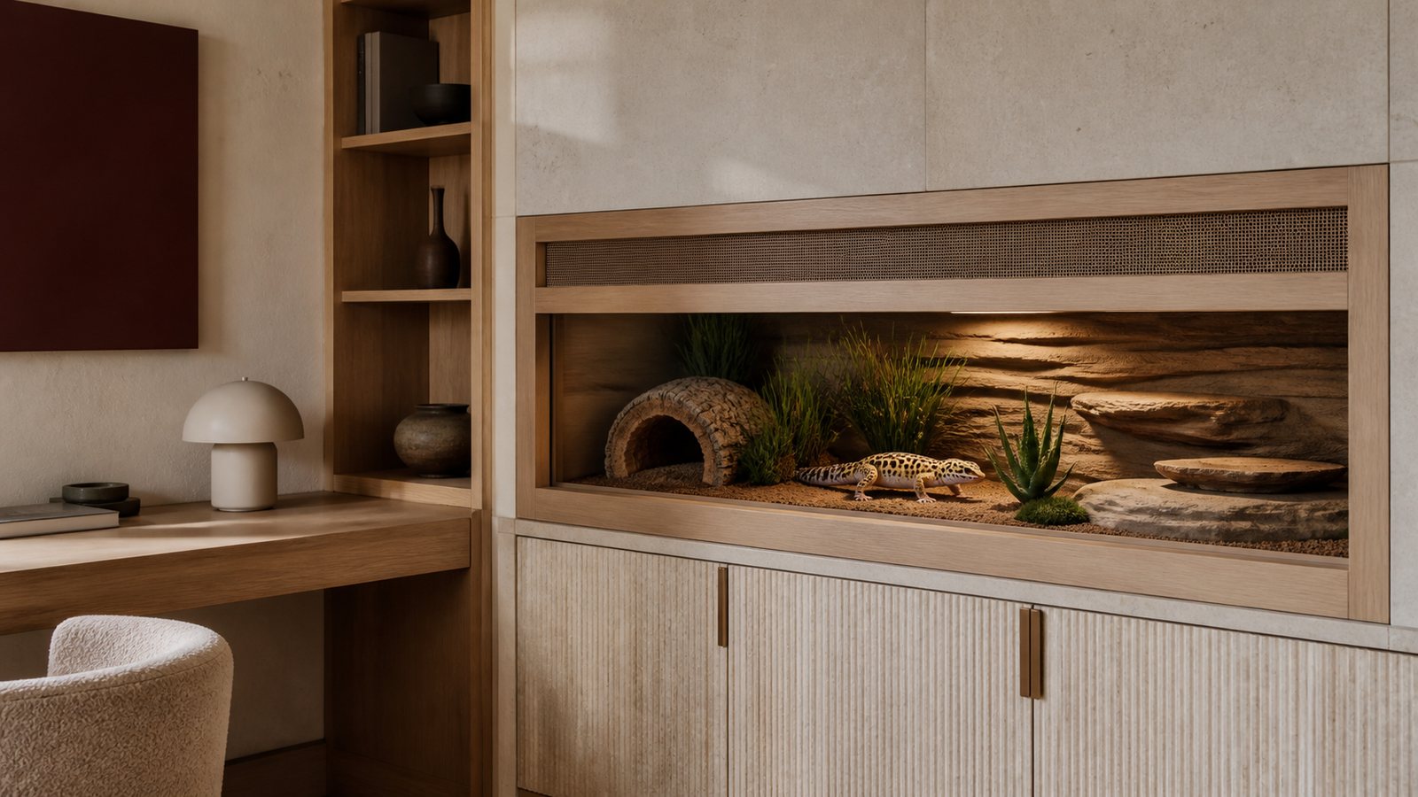 A leopard gecko rests inside a secure, warmly lit private habitat integrated into a pale-oak apartment study alcove