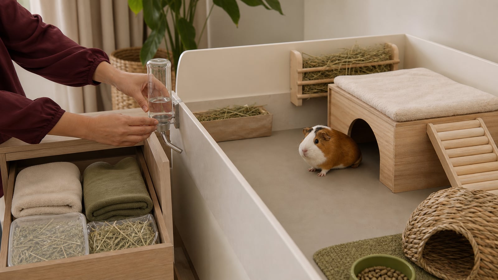 A resident replaces a guinea pig habitat’s water bottle beside clean fleece liners and hay storage while the guinea pig remains safely inside its private enclosure