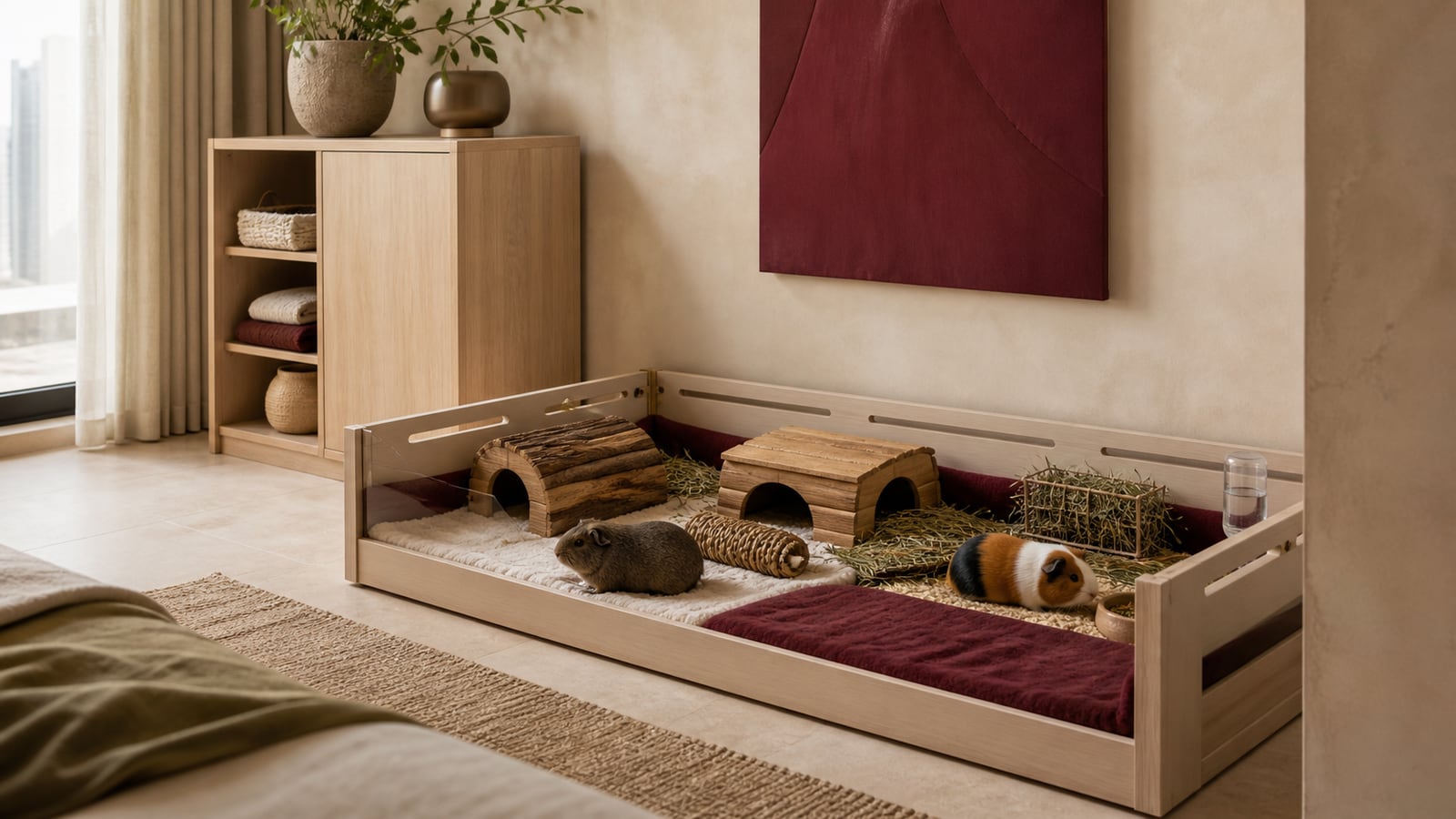 Two adult guinea pigs rest in a spacious solid-floor habitat with hides, hay and water inside a quiet Dubai apartment alcove