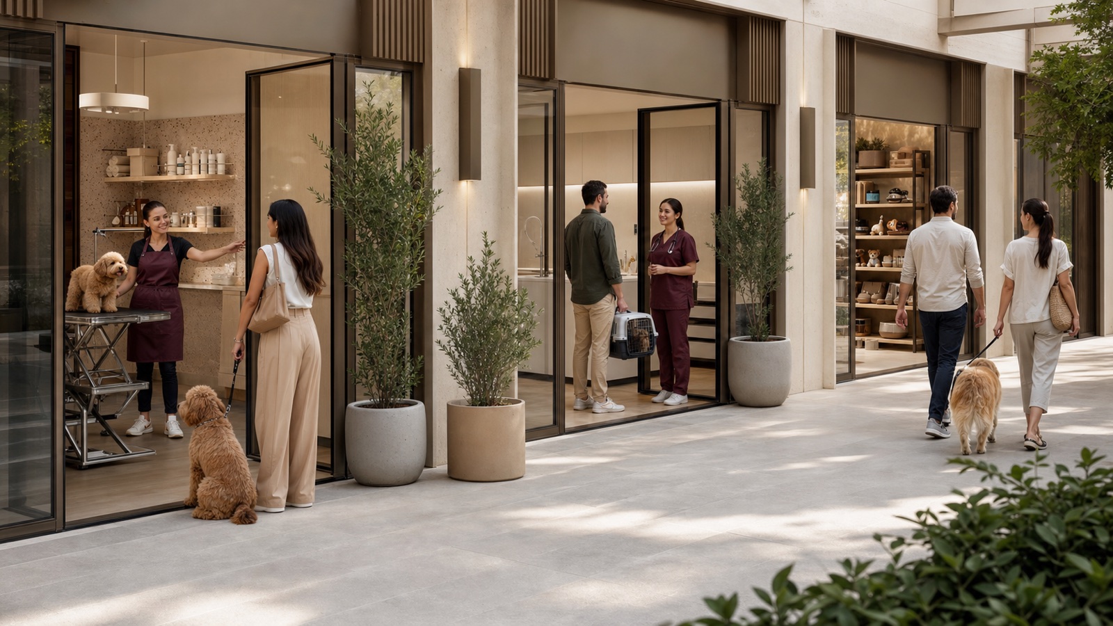 Residents visiting integrated grooming, veterinary and pet-retail services in a shaded residential arcade