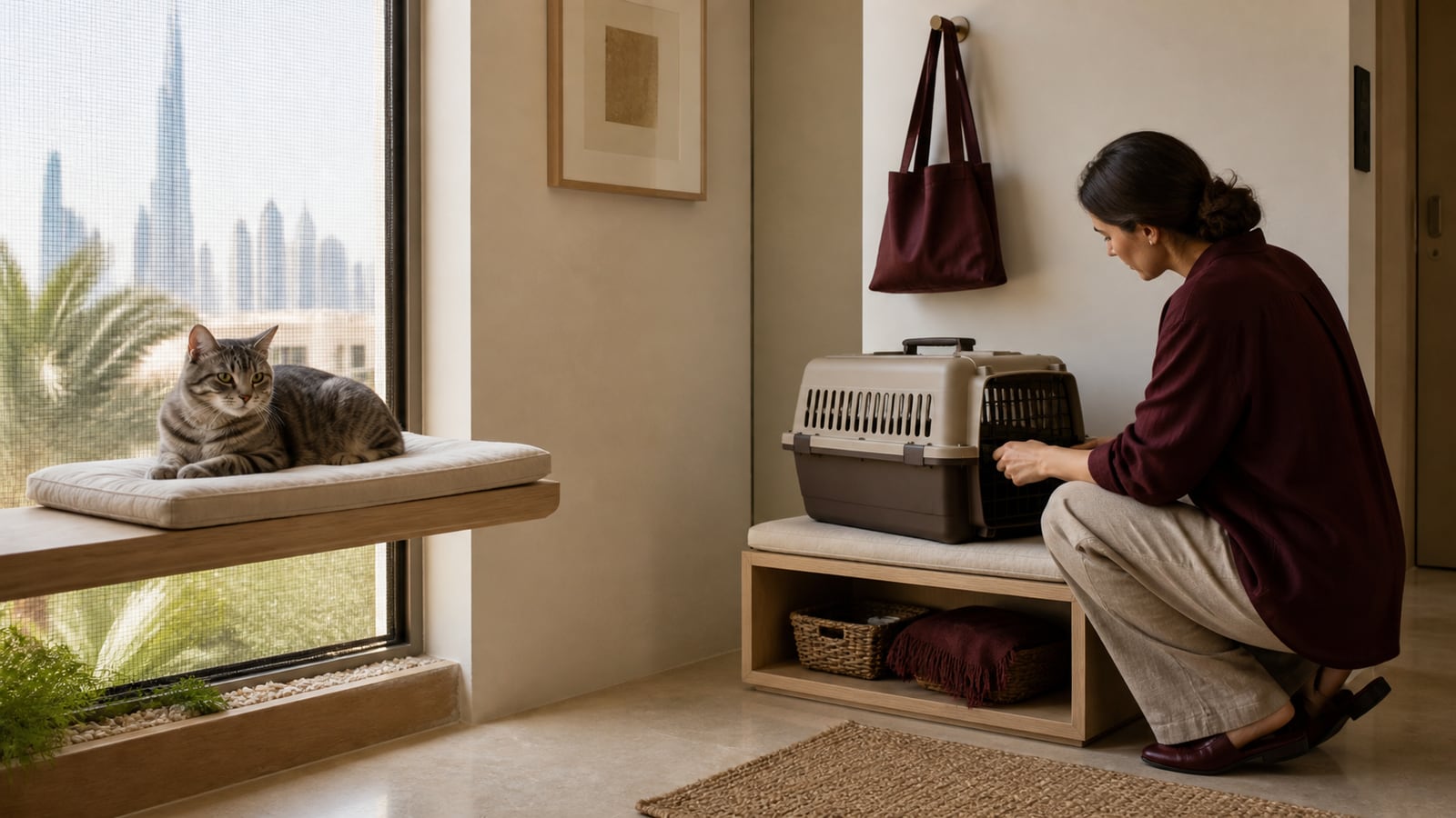 A resident calmly prepares a closed travel carrier near an apartment entry while a grey tabby cat waits on a separate window perch