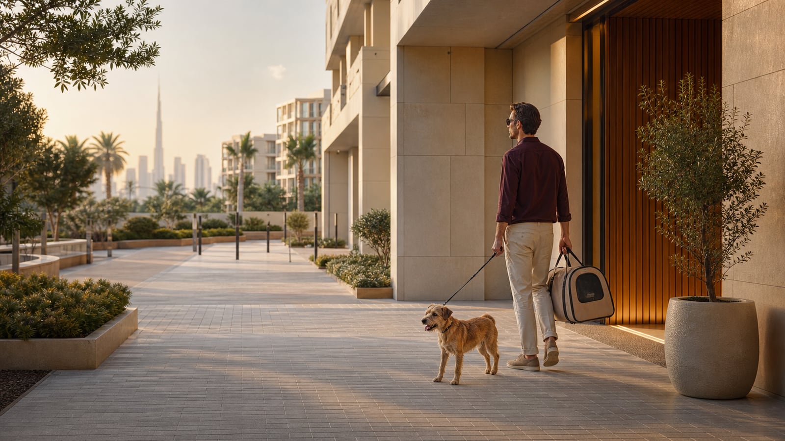 A resident leads a small tan terrier through a calm Dubai apartment arrival court while carrying a closed pet-travel tote