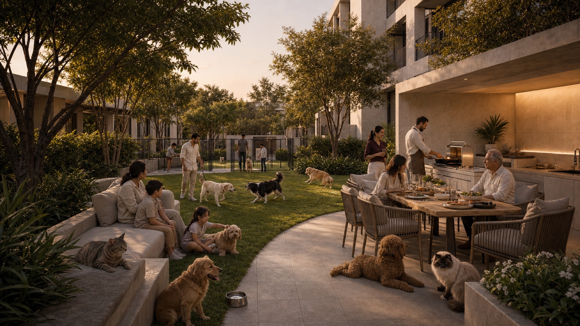 Families, children, dogs and cats sharing a landscaped barbecue lawn in a residential courtyard