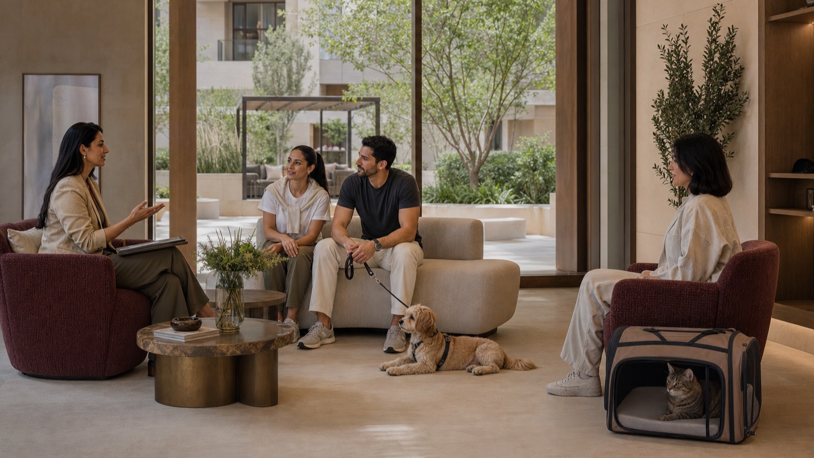 A pet behaviour professional welcomes residents with a small dog while another resident waits separately with a cat in a secure carrier