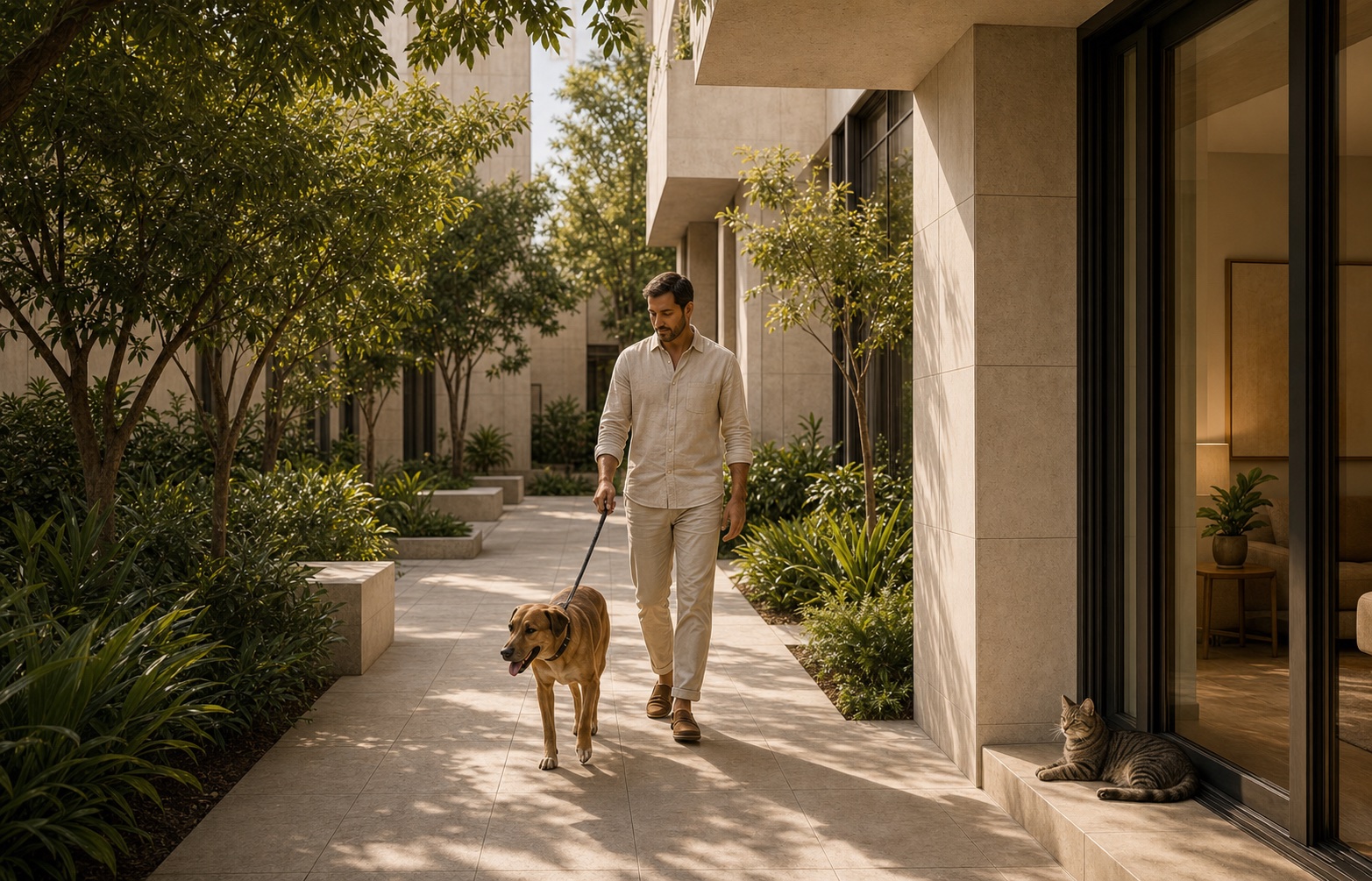A resident and dog moving through a shaded pet-aware courtyard