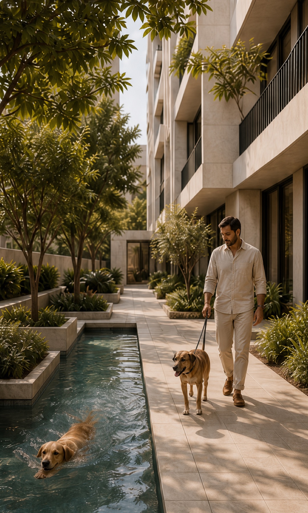 A resident walking his dog beside a purpose-built swimming pool where another dog is enjoying the water