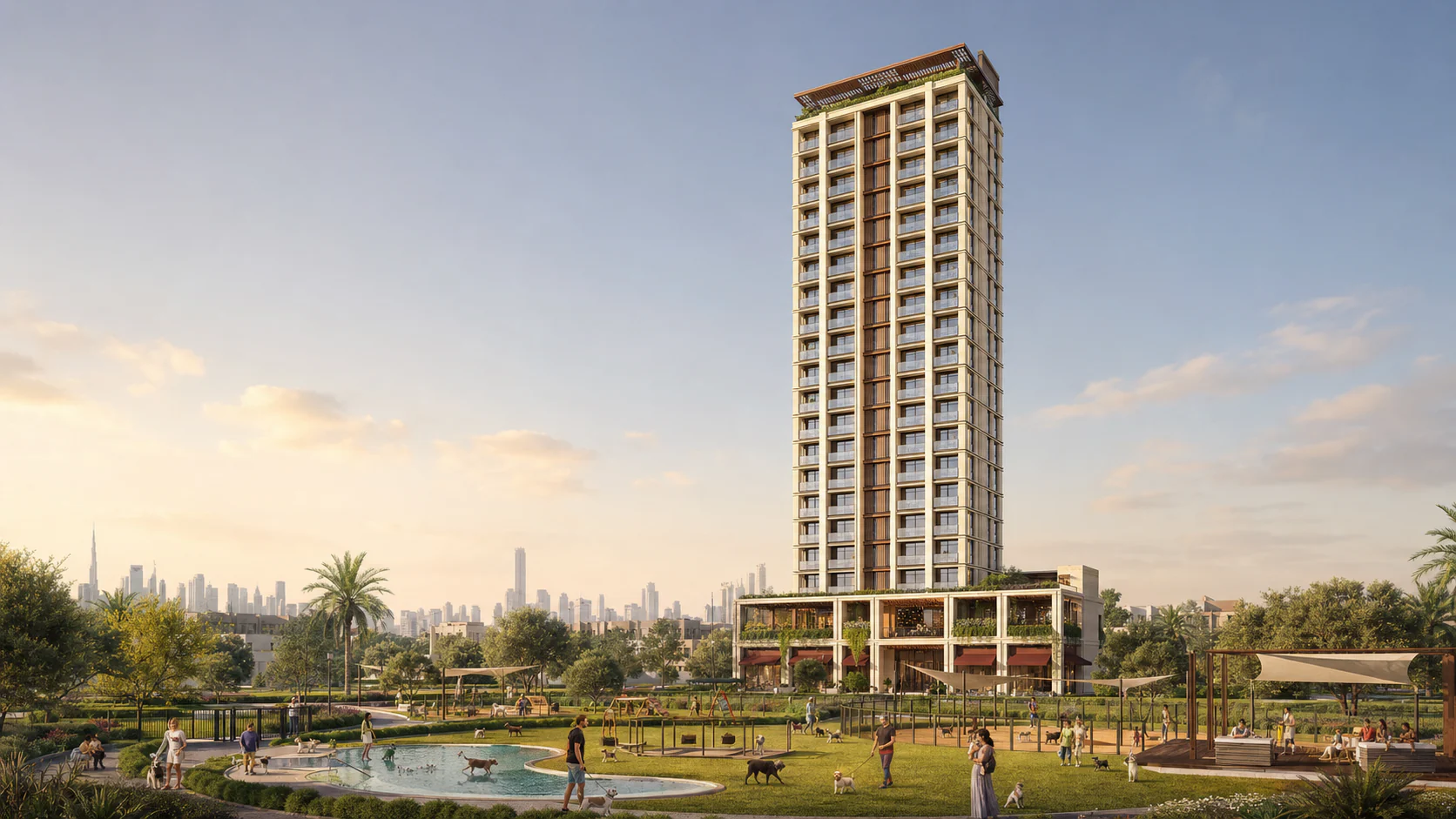 Elevated view of the slender Tails and Terraces tower rising above its landscaped destination park, pool and shaded walking routes