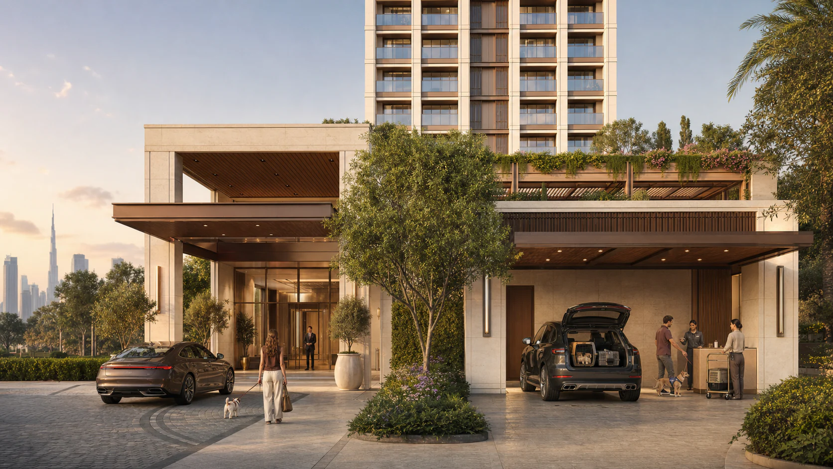 Hotel-like residential porte-cochère and separate covered PawPort service bay divided by a landscaped bronze screen