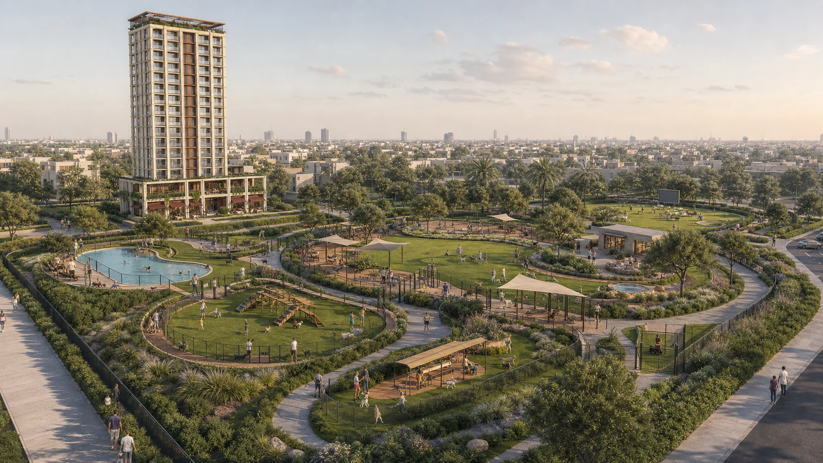 High-oblique view of the tower site with zoned exercise gardens, dog swim, shaded loop, cinema, barbecue area and retail promenade