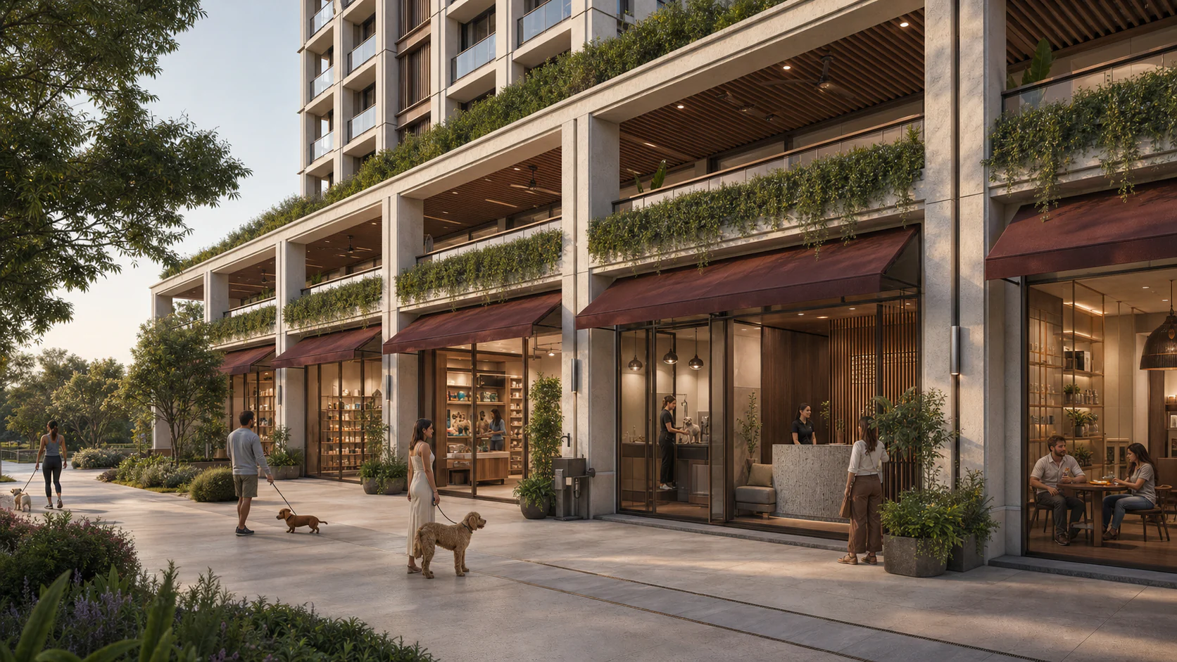 Shaded podium colonnade lined with separate pet retail, grooming, veterinary wellness, concierge and café frontages