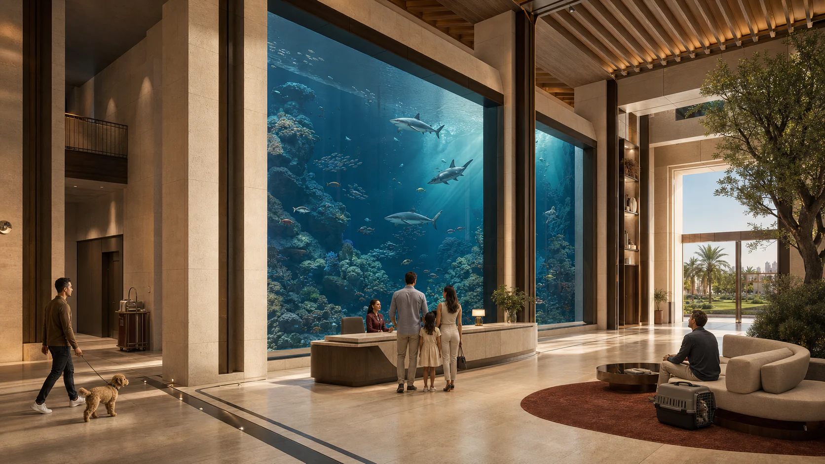 Double-height limestone and oak lobby centred on a monumental saltwater aquarium with reef fish, rays and sharks