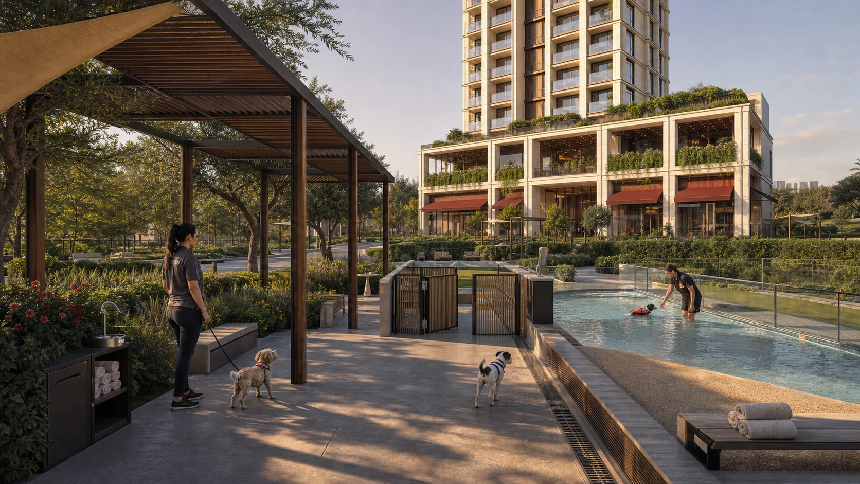 Deeply shaded paw-safe walking loop beside a supervised dog pool with double gates, shallow entry ramp and drying zone