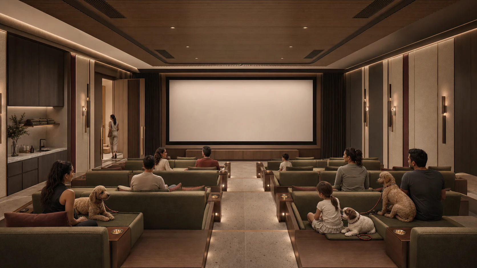 Air-conditioned indoor screening room with tiered paired seating, washable floors and dedicated bays for people and their dogs