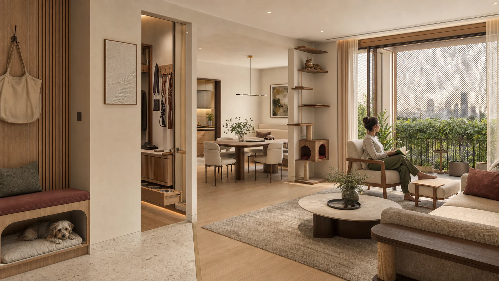 Bright two-bedroom apartment with pet storage, a dog sleeping niche, cat climbing routes and a secure screened terrace