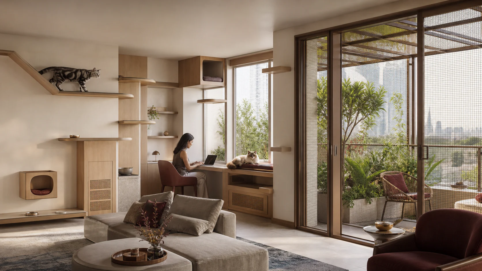 Dog-free one-bedroom home with oak cat routes, high retreats, separated resources and a fully screened planted terrace