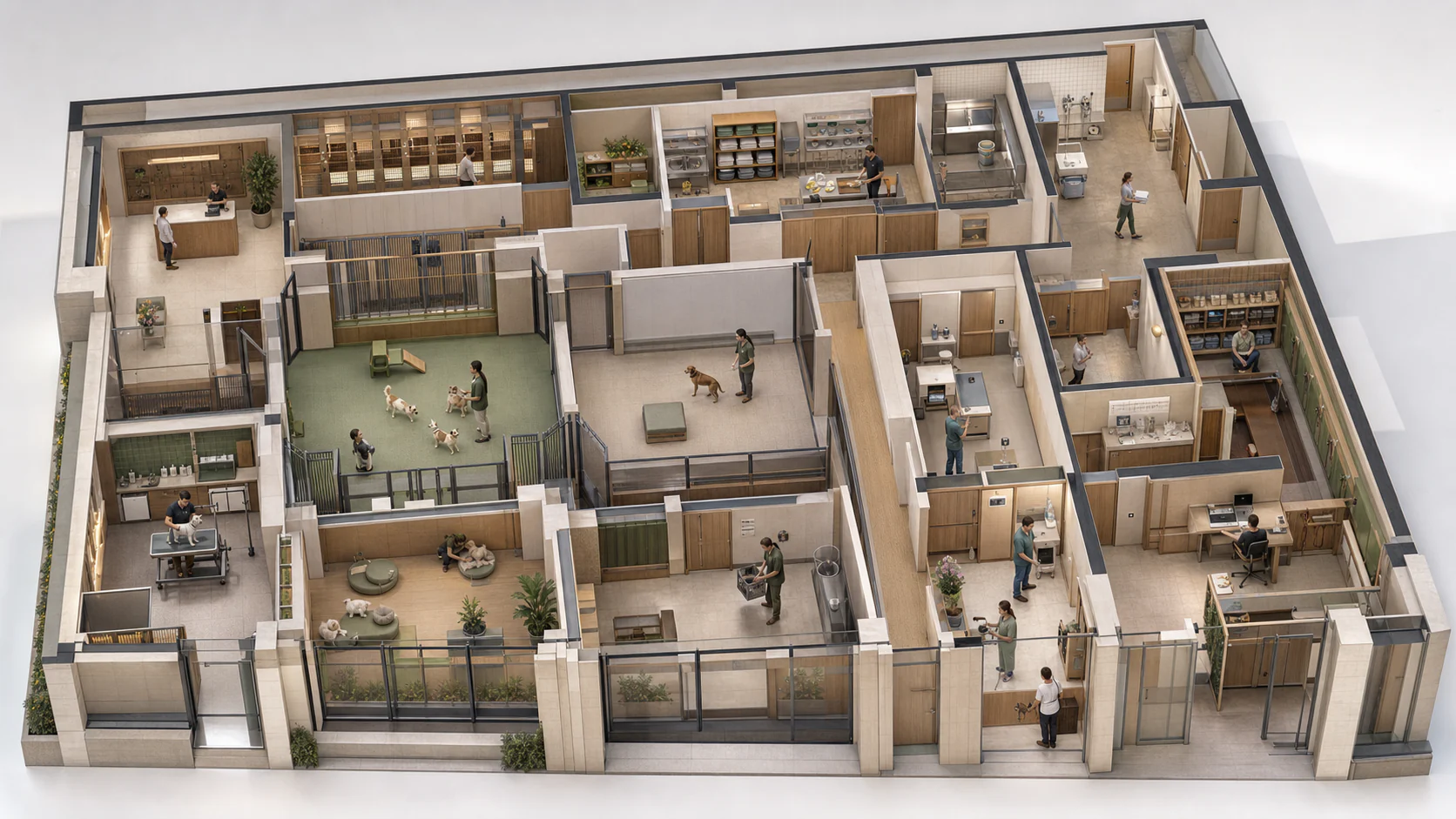 High cutaway view showing separated grooming, daycare, veterinary, cat-care, boarding, staff and back-of-house routes