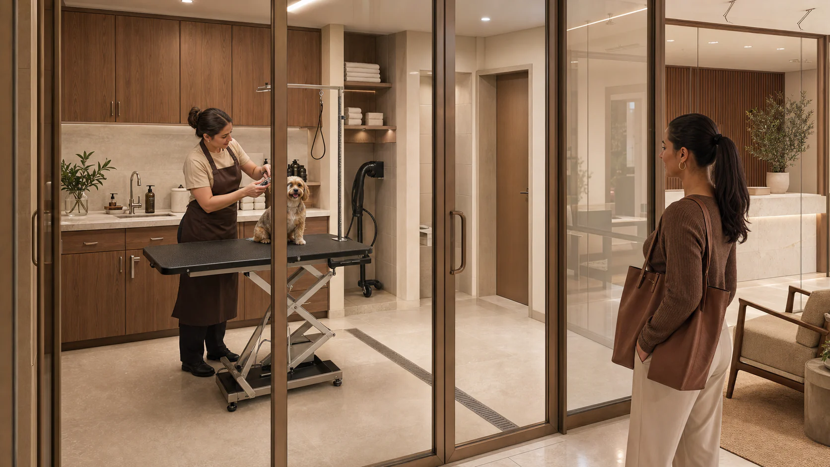 Trained groomer working calmly with a small dog inside an acoustic glass suite with controlled waiting and cleaning facilities
