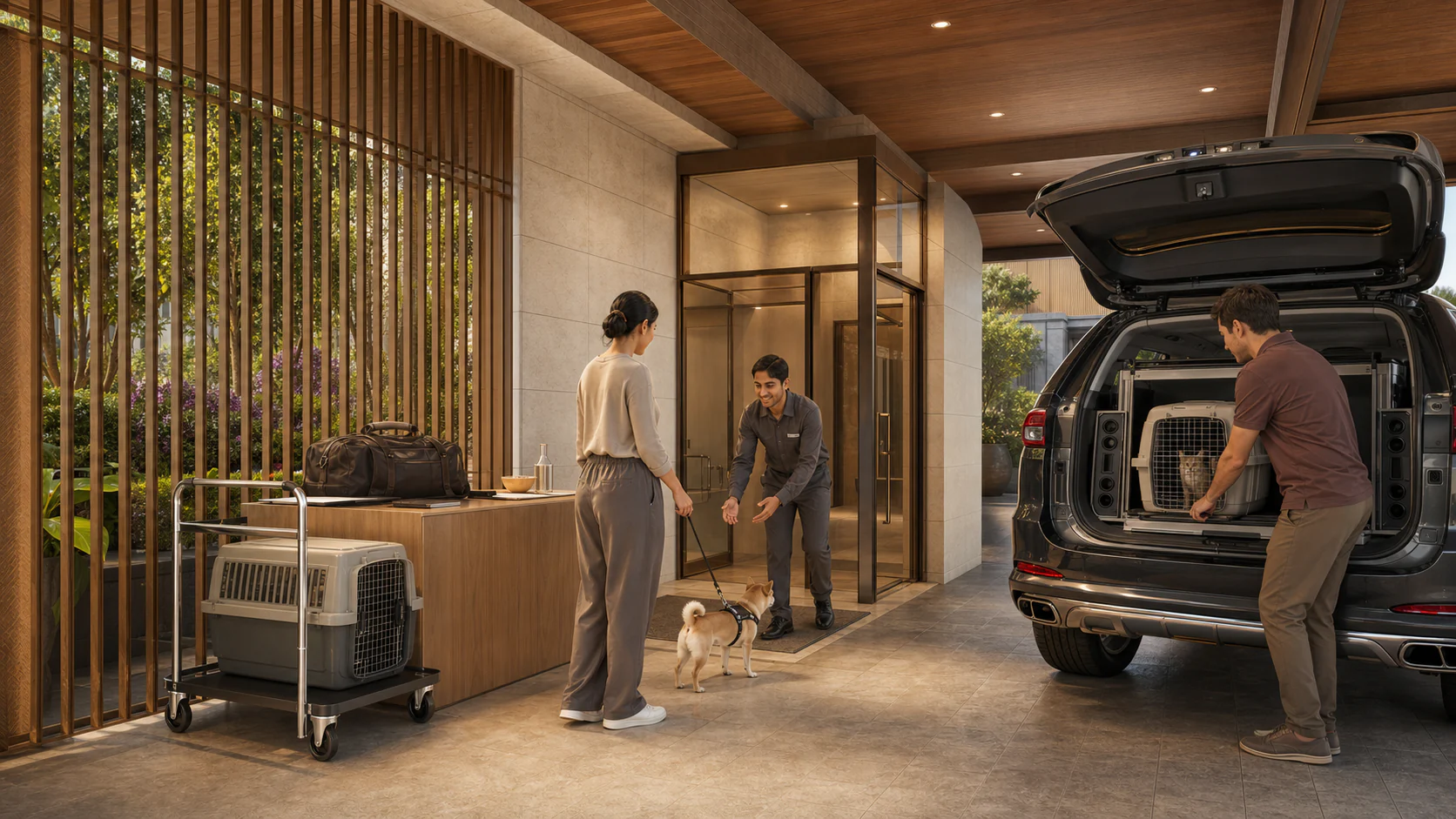 Protected PawPort bay with secured waiting points, crate trolley and a climate-controlled transfer vehicle for dogs and cats