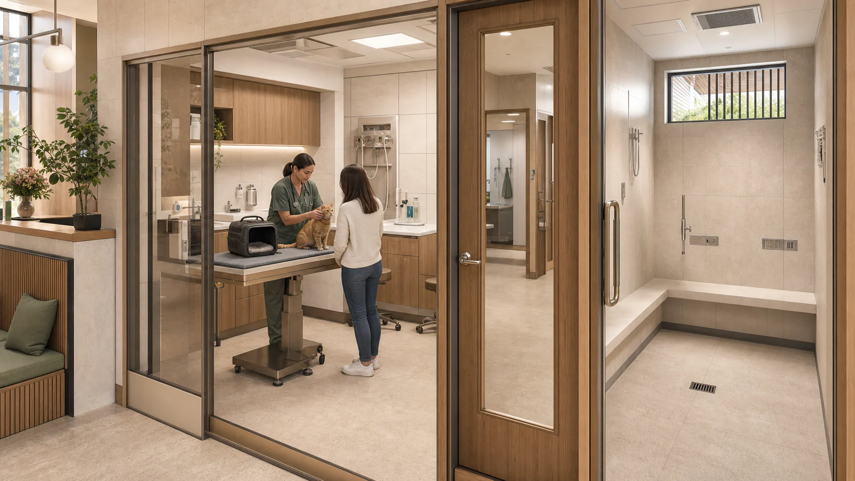 Veterinarian examining a cat in a calm consultation room beside a separate resettable specialist habitat studio