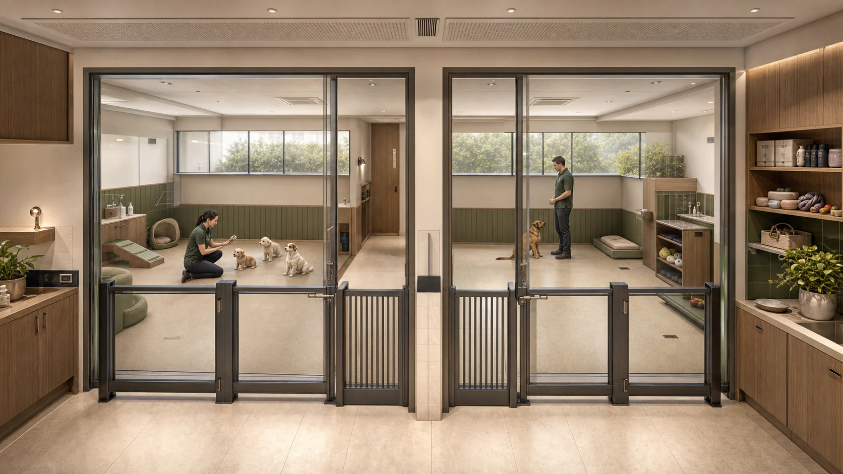 Two adjacent acoustic daycare rooms separating small and medium dogs with independent double-gated vestibules