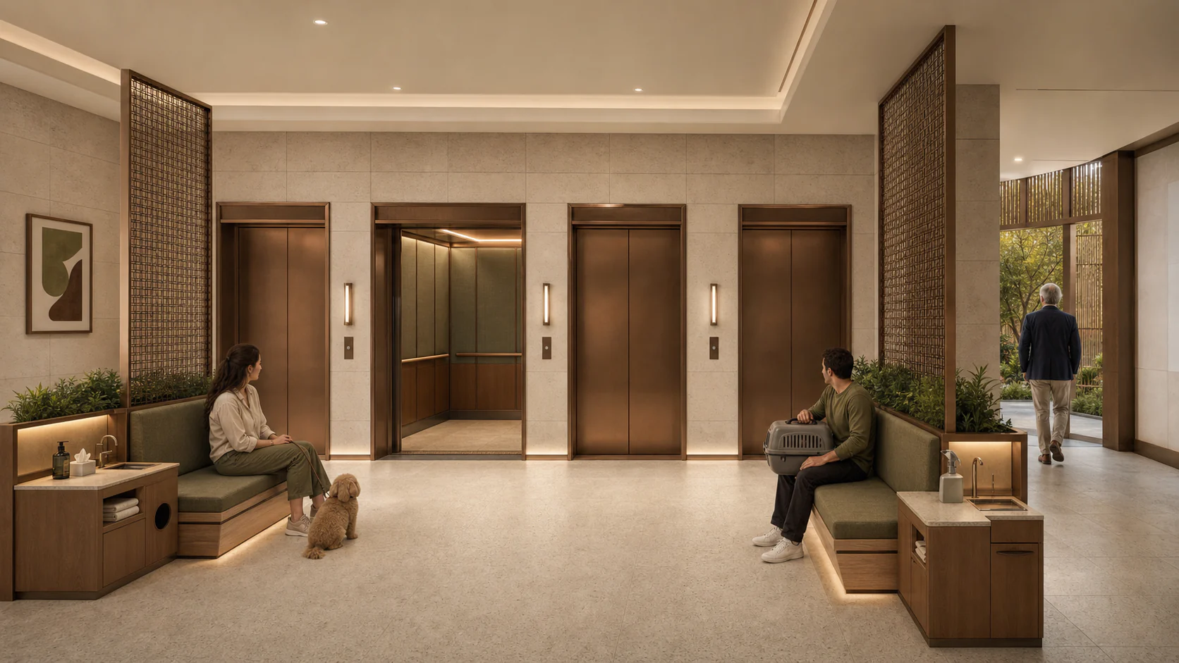Four bronze-framed lift doors with screened pet waiting bays, a service-ready car, wipe station and non-pet bypass