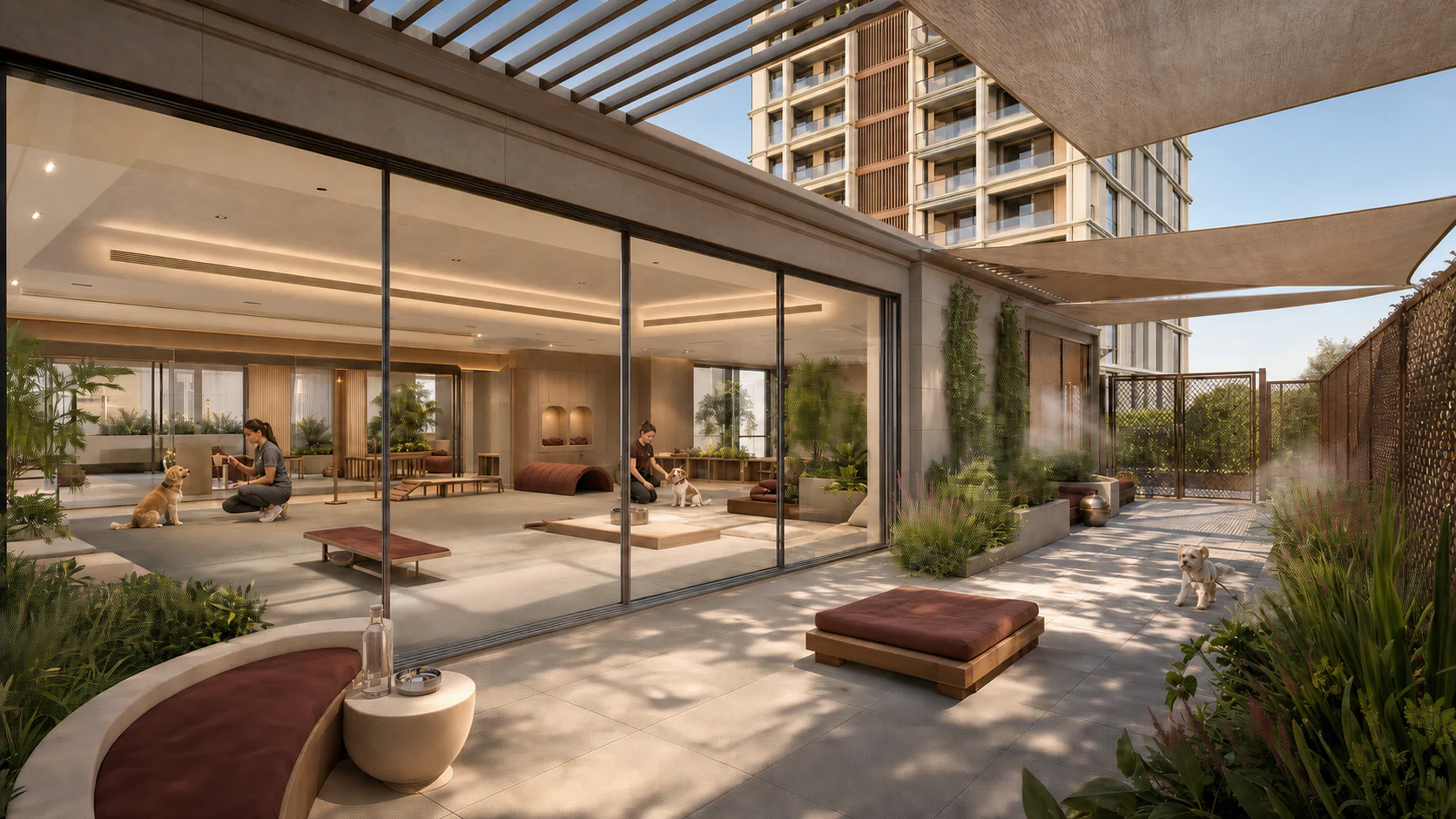 Air-conditioned dog exercise studio opening onto a secure shaded terrace with planting, mist cooling and low enrichment