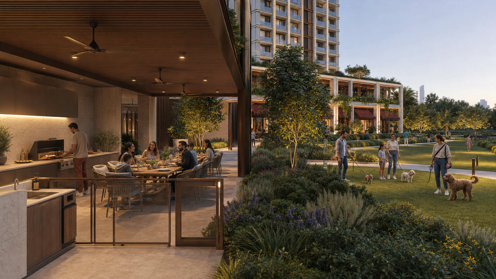Shaded dining pavilion with a gated dog-free barbecue area separated by planting from a calm on-leash social lawn