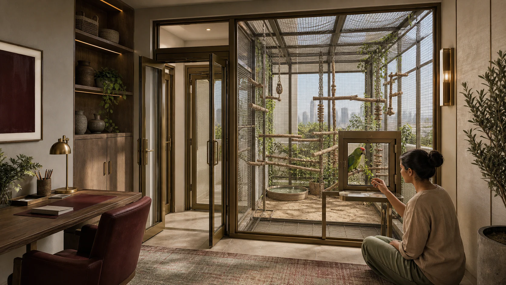 Conditioned apartment study adjoining an enclosed bronze-mesh flight terrace with perches and enrichment for a companion parrot
